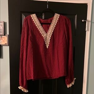 NWT Elegant Burgundy Lace-Trimmed Women's Top L